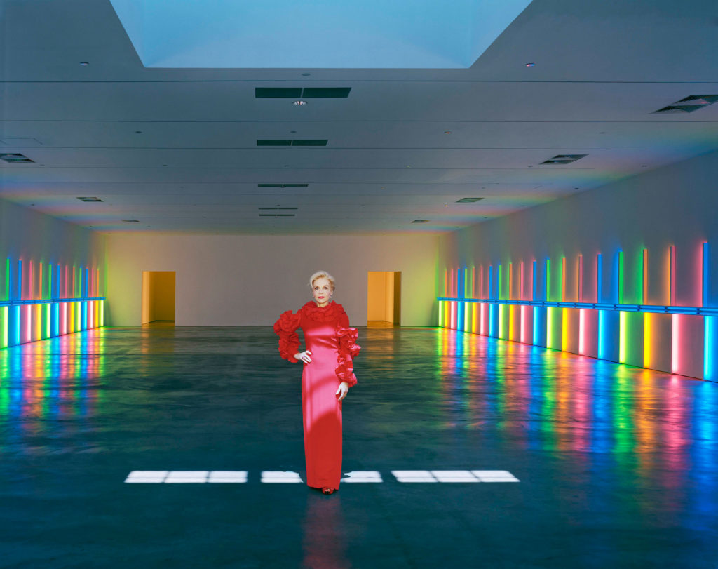 Lynn Wyatt in couture at the Dan Flavin exhibition at the Menil Collection. Photograph by Robert Polidori, courtesty of the artist and Paul Kasmin Gallery.