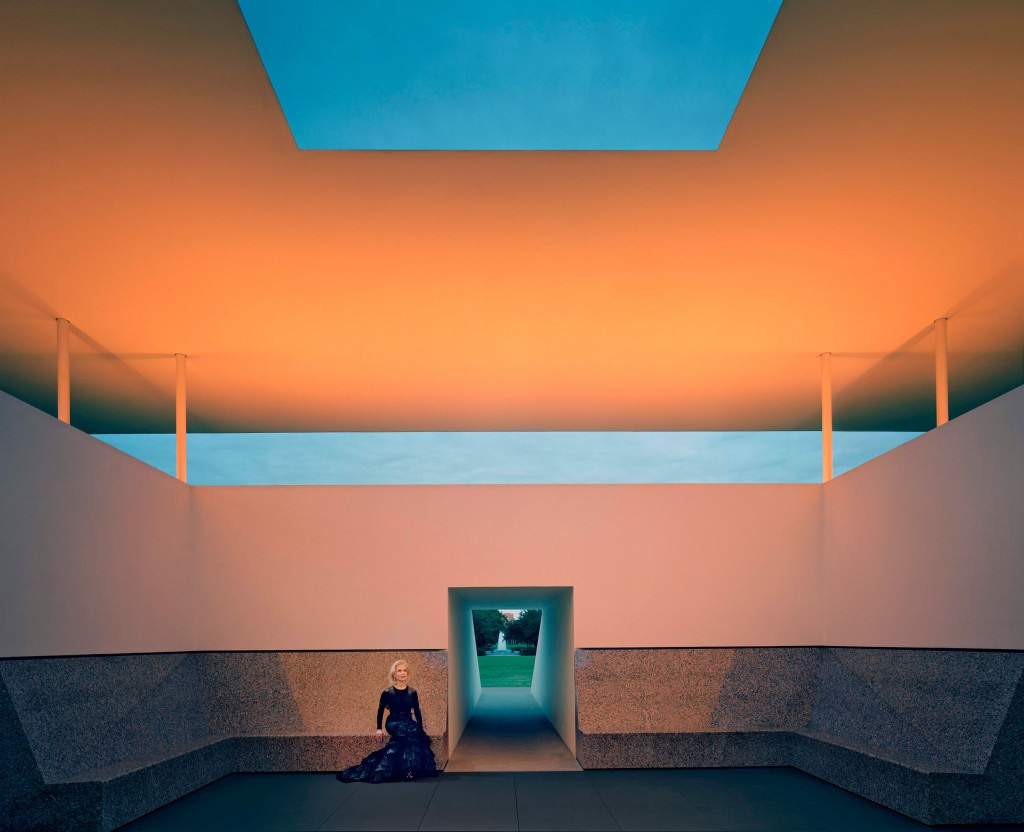 Lynn Wyatt in couture at the James Turrell Skyspace at Rice University. Photograph by Robert Polidori, courtesty of the artist and Paul Kasmin Gallery.