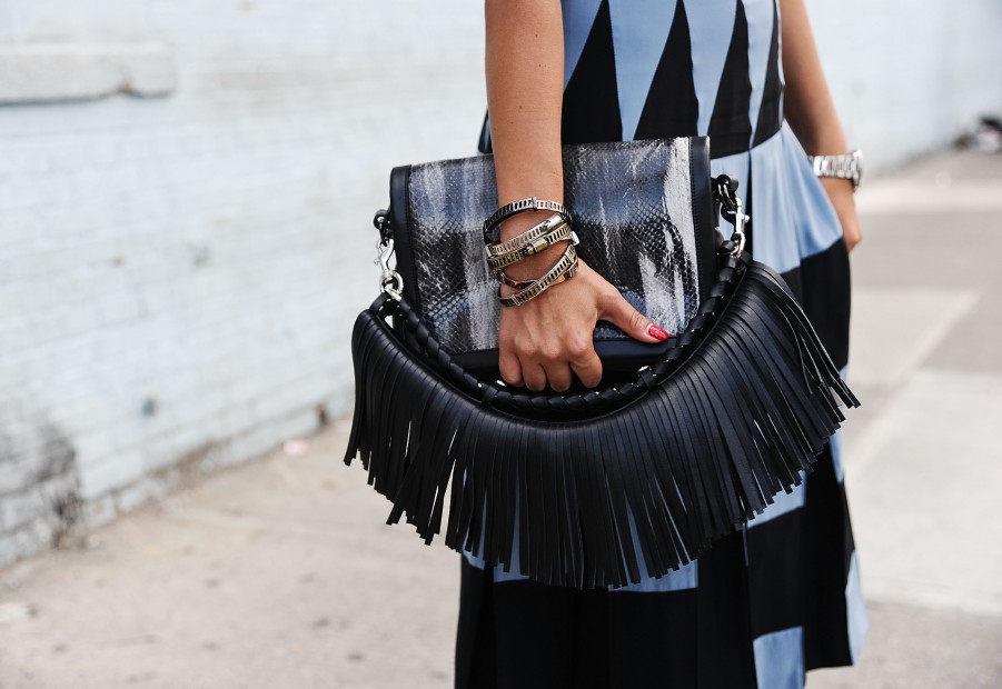 NEW YORK, NY - SEPTEMBER 07: Nausheen Shah (purse detail) is seen outside the DKNY show wearing on September 7, 2014 in New York City. (Photo by Daniel Zuchnik/Getty Images)