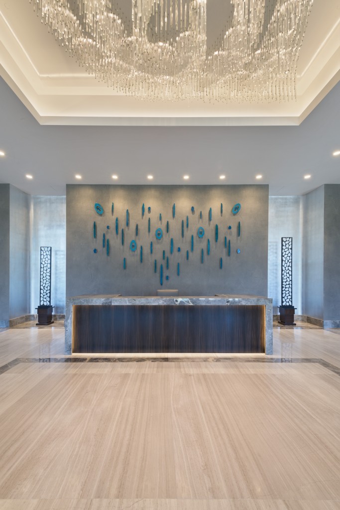 The concierge desk at the Belfiore anchors a rather dramatic setting.