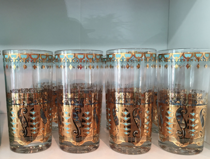 Mid-century set of eight Culver Saratoga turquoise and gold highballs at Seeing Pink Elephants 