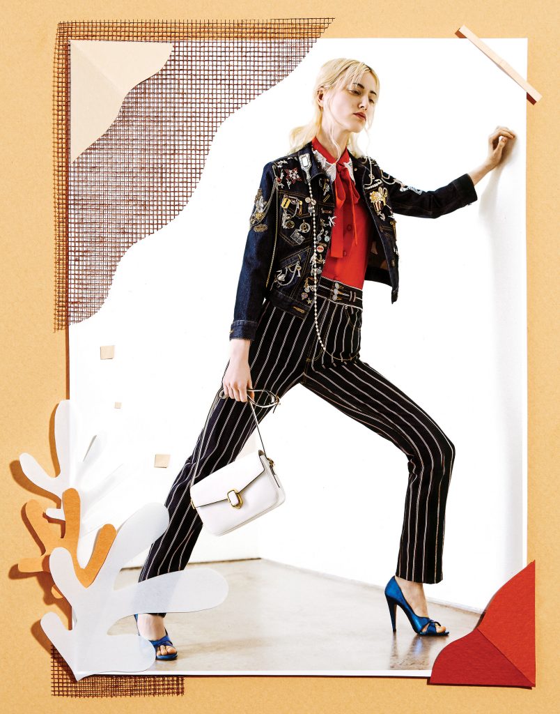 Marc Jacobs red logo crepe de chine blouse with sequin collar and tie-neck detail $995, denim jacket with full embellishment $5,200, stretch denim pant $350, metallic sandal $695, and classic calf shoulder bag $1,450, all at Neiman Marcus.