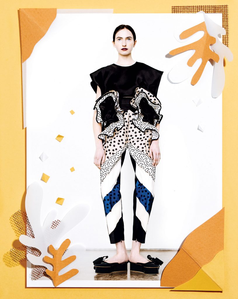 Delpozo triple silk organza square top $1,150, dot-print silk organza frilled pant $2,500, and bow wedge shoe $1,000, all at Forty Five Ten, Dallas; farfetch.com.