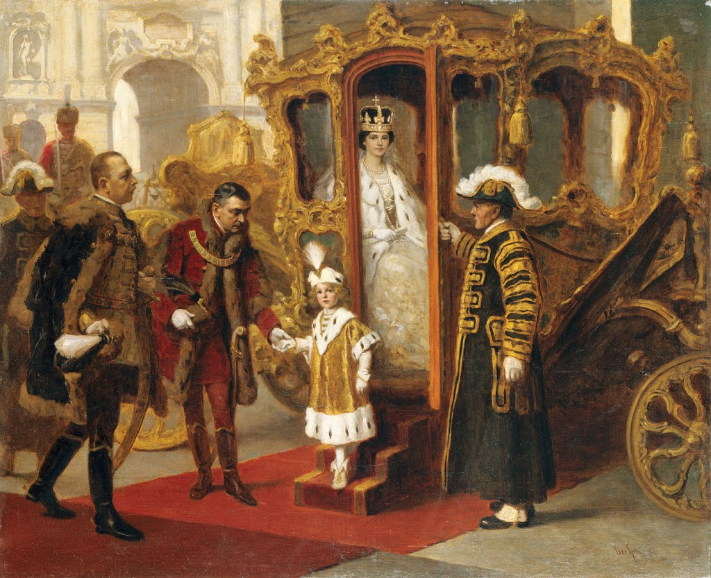 Gyula Éder’s Empress/Queen Zita and Crown Prince Otto Descending from the Imperial Carriage before the Coronation in Budapest on December 30, 1916, 1929. (Collection Imperial Carriage Museum, Vienna)