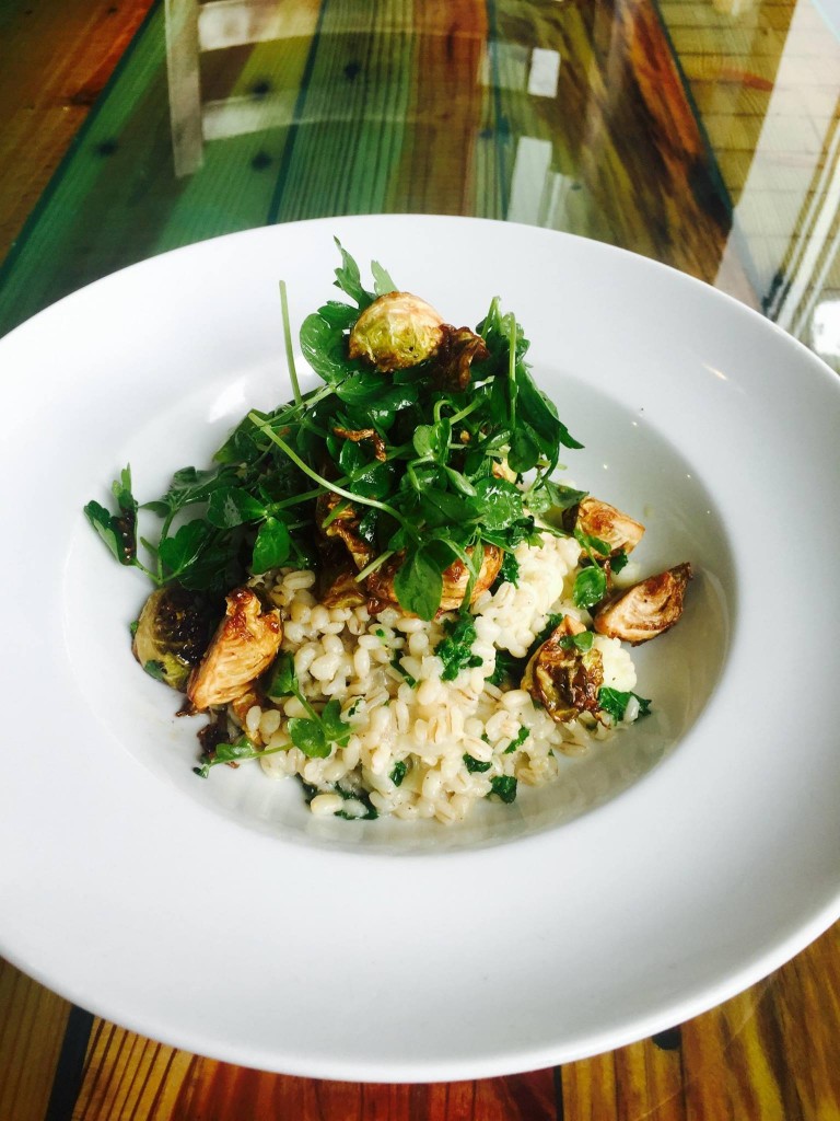 Harold's barley risotto is topped with Atkinson Farm cauliflower, kale, crispy brussels sprouts and an herb salad. 