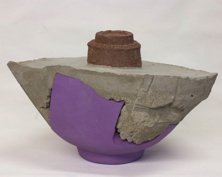 A foil to Williams' watery abstraction are Charlie Satterlee's subversive ceramics. Shown "Amethyst or Actavis." 2015, an amalgamation of porcelain, concrete and stoneware. 