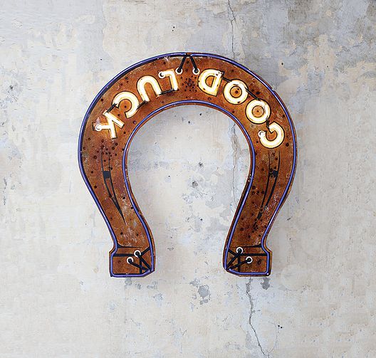 At the Roadhouse Relics booth, Austin neon creator Todd Sanders' "Good Luck," 2014. Sanders owns the gallery, too, and it's where he plies his trade,  promoting the almost lost American vernacular art of neon. (Courtesy the artist and gallery)