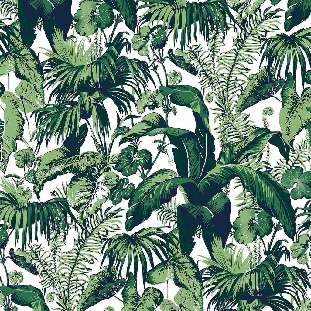 Madeleine Castaing Fueillage wallpaper in green, reissued by Brunschwig & Fils.