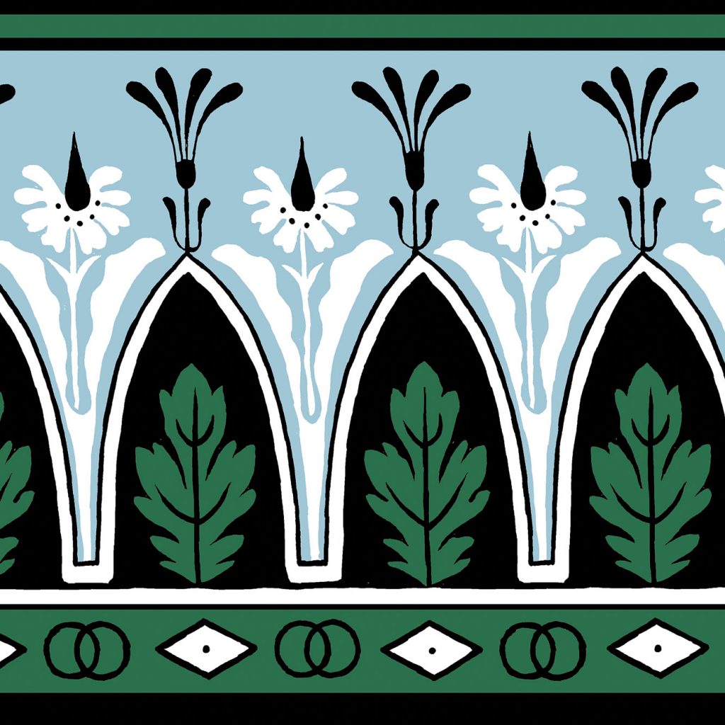 Madeleine Castaing Lola Montez wallpaper in emerald and blue, reissued by Brunschwig & Fils.