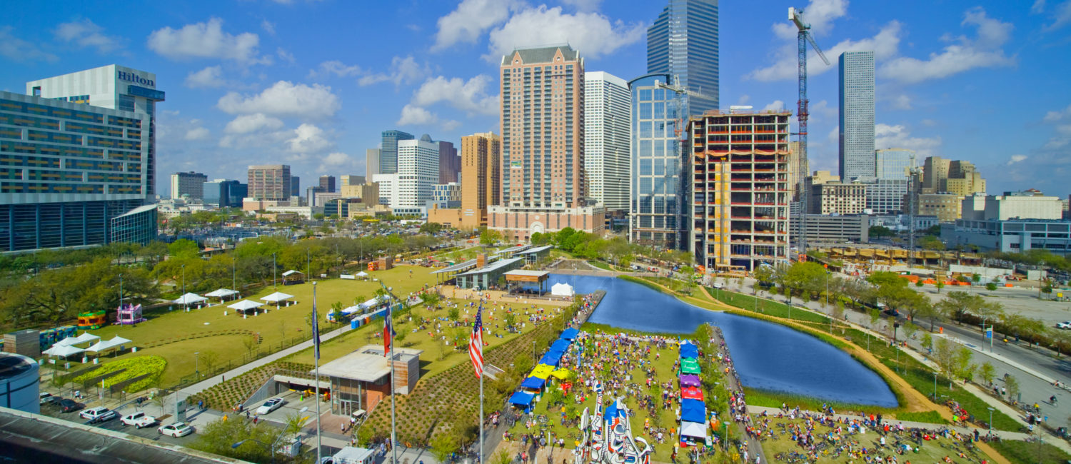 Discovery Green Houston skyline