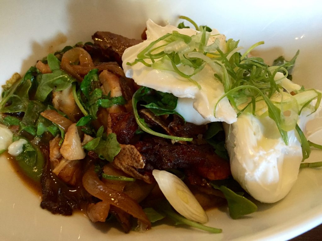 A hash of chicken and smoked mushrooms. And some fine wilted greens
