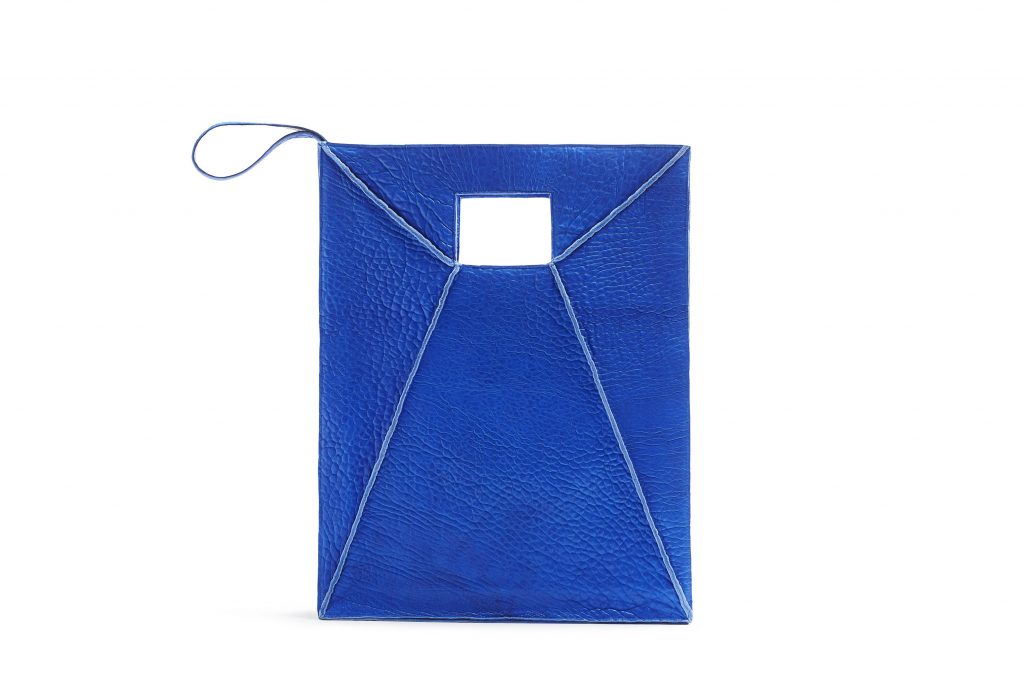 Square cut-out tote in cobalt bubble lamb, $1,250