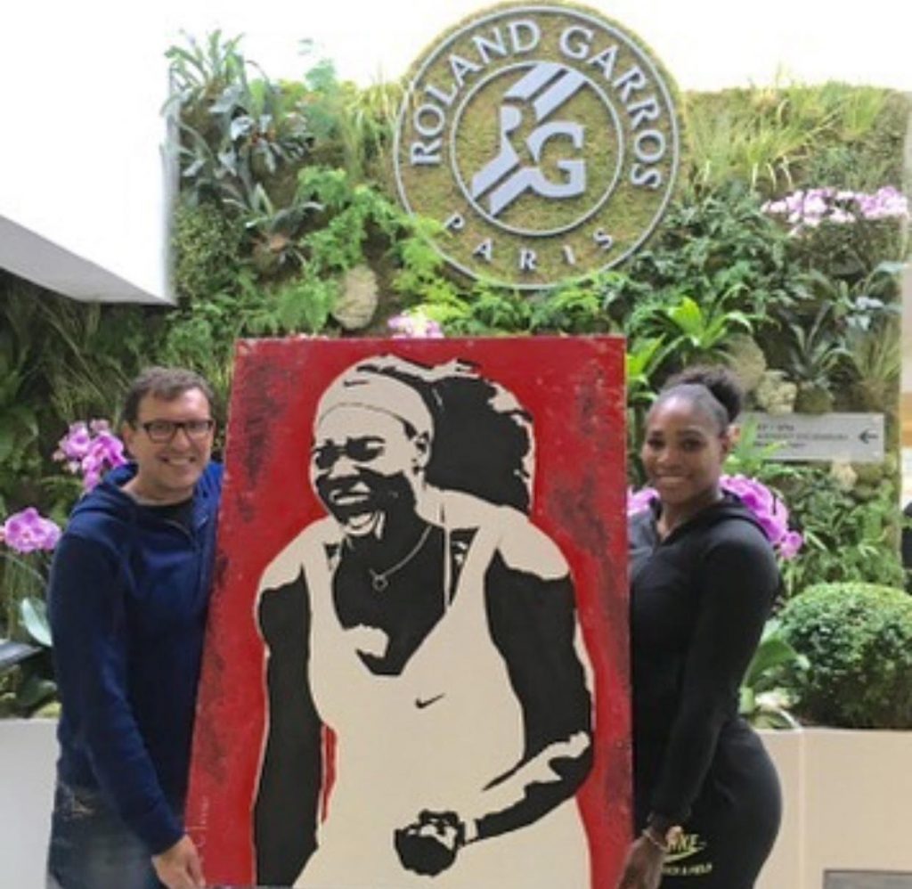 Street artist Le Closier serves up another component. Shown, a portrait of Serena Williams. The artist and the tennis great pose at the 2016 French Open. (Courtesy the artist and France Pavilion)