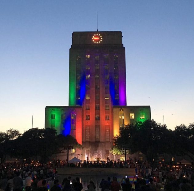 Houston's City Hall building was lit up in with a rainbow of colors to remember the Orlando victims. (Photo by Michael Mandola)
