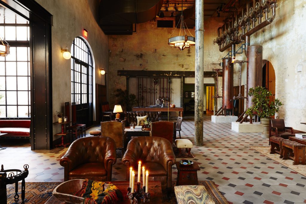 The lobby of Hotel Emma reveals a welcome sense of it past as a brewery.  (Photo by Nicole Franzen)