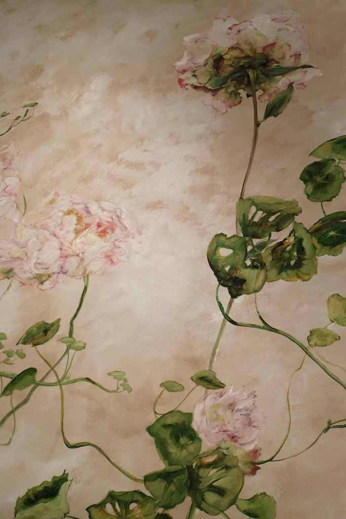 A peony and a nasturtium in a canvas by French painter Claire Basler. 
