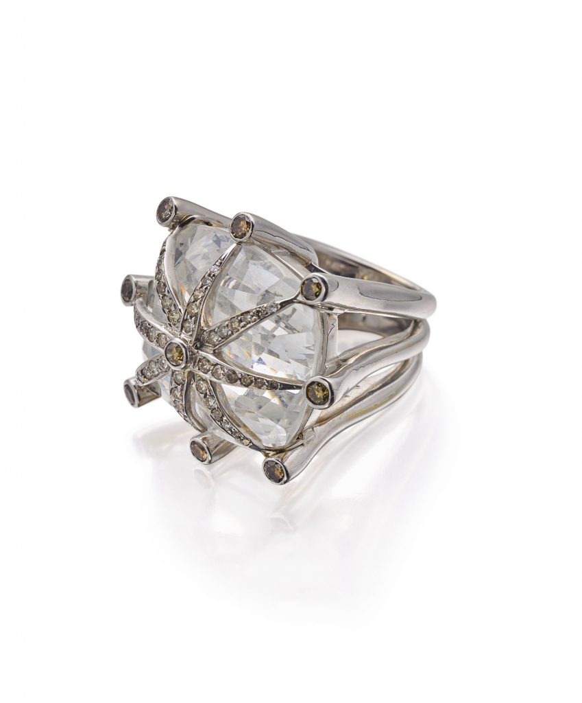 18K white gold, cubic zirconia, and diamond ring