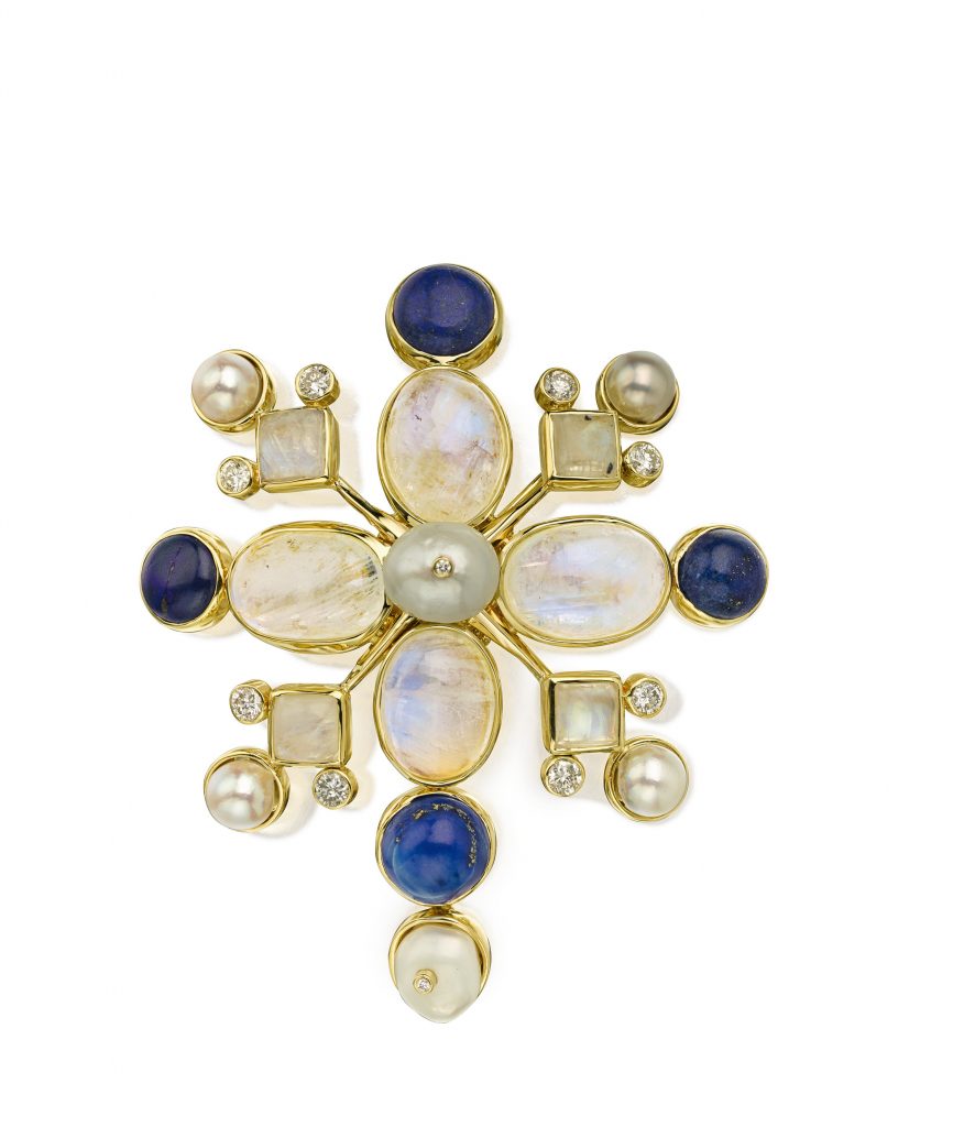 18K gold, moonstone, lapis lazuli, pearl, and diamond brooch