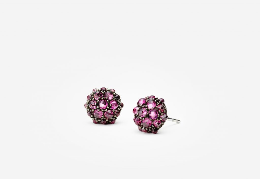 Osetra stud earrings with rhodalite garnet in silver $900, at Neiman Marcus