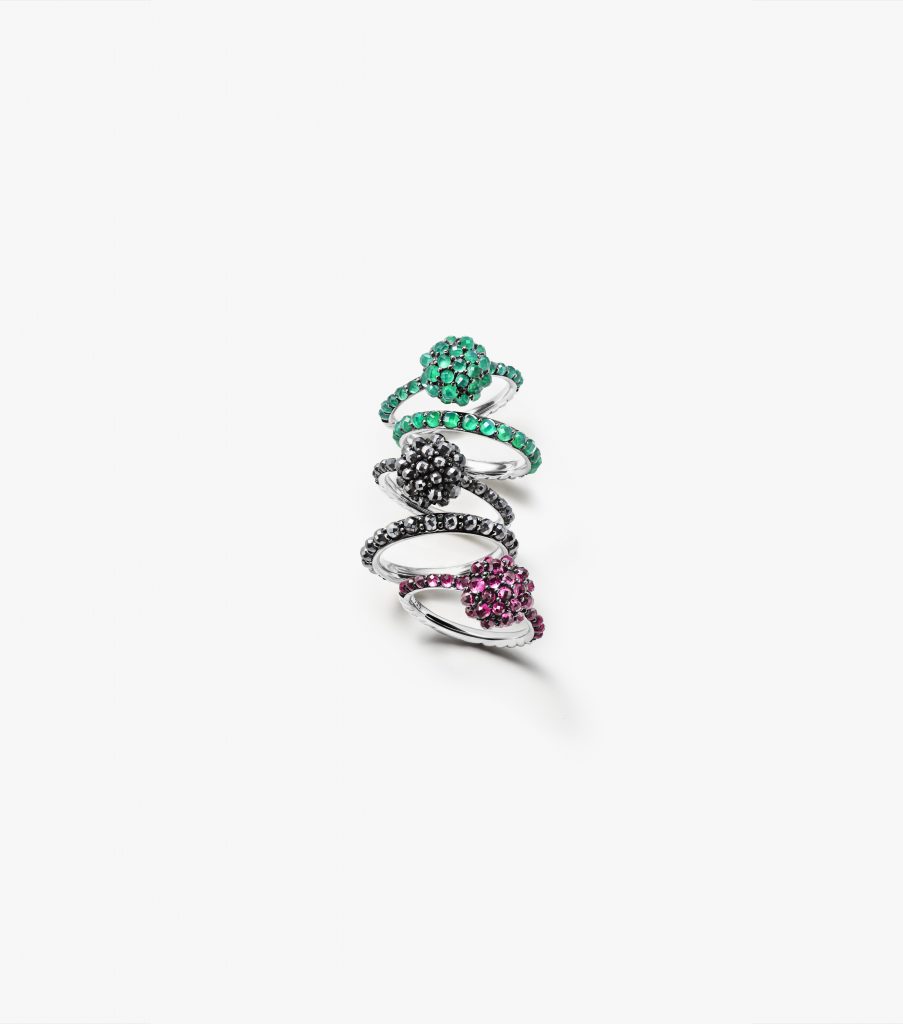 Osetra rings with green onyx, hematite, or rhodalite garnet in silver $750 to $850, at Neiman Marcus