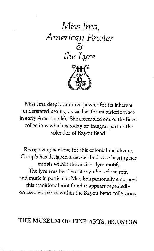 Each couple went home with a pewter vase from Gump's bearing her initials within her favorite symbol, the lyre.