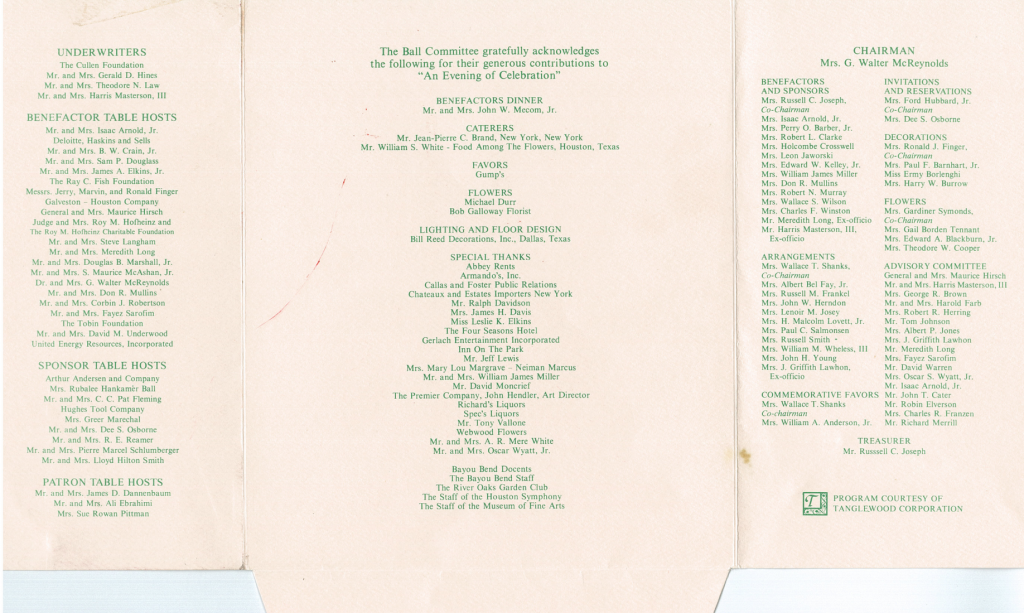 The program from the historic evening shows the benefactors, including the quartet of underwriters who each gave an astounding $25,000 for the Gala.
