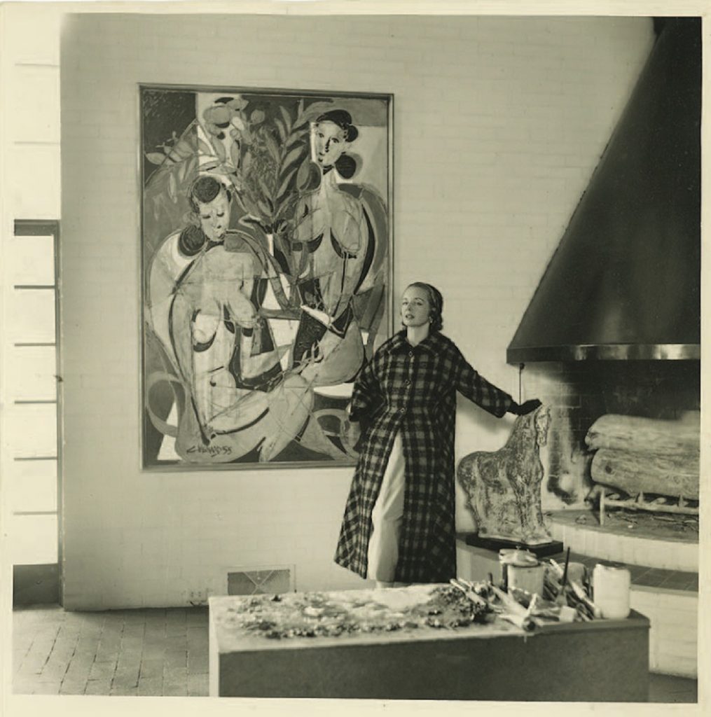 Betty Blake with Claude Venard painting in 1955 at Donald Vogel's residence