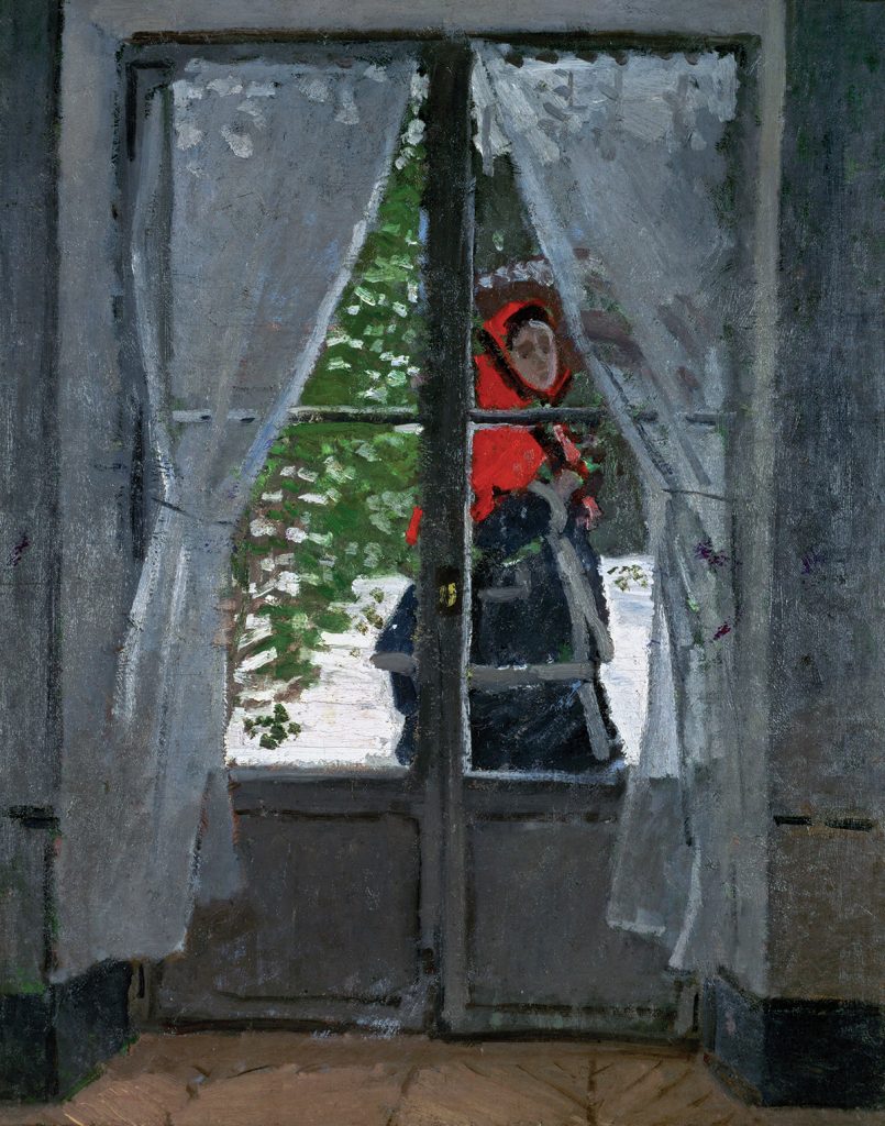 Mme.Monet (Camille Doncieux,Monet's first wife, 1847-1879) with a red hat called "The Red Kerchief". 
Around 1870