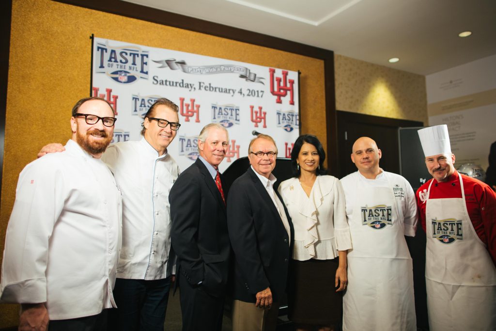 Jon Buchanan, Executive Chef, Third Coast; Robert Del Grande, Executive Chef, Café Annie; Robert C. Robbins, M.D, President & CEO of Texas Medical Center; Wayne Kostroski, Founder of Taste of the NFL; Renu Khator, UH President; Mark Riley, Executive Chef, Hilton University of Houston Hotel; and Brent Gorman, Executive Chef, UH Dining, University of Houston at Tuesday's press conference