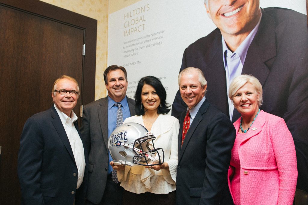 Taste of the NFL announced its partnership with University of Houston on Tuesday at a special kick-off event. Pictured: Wayne Kostroski, Founder of Taste of the NFL; Brian Greene, President and CEO of Houston Food Bank; Renu Khator, UH President; Robert C. Robbins, M.D, President & CEO of Texas Medical Center; Sallie Sargent, President & CEO,  Houston Super Bowl Host Committee
 