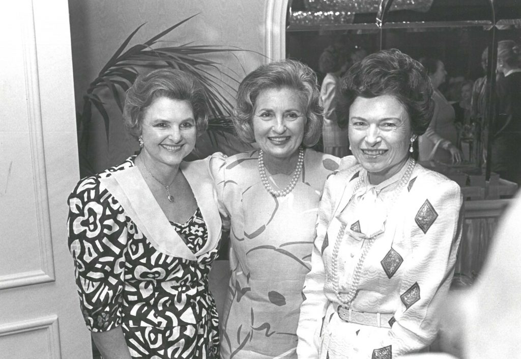 Caroline Schoellkopf, former Dallas mayor Annette Strauss, and former First Lady of Texas Rita Clements at the Mansion, May 1985