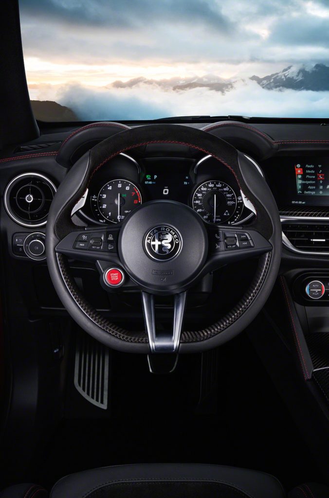Alfa Romeo's Stelvio includes an exclusive leather-wrapped steering wheel with accent stitching and performance contours. 
