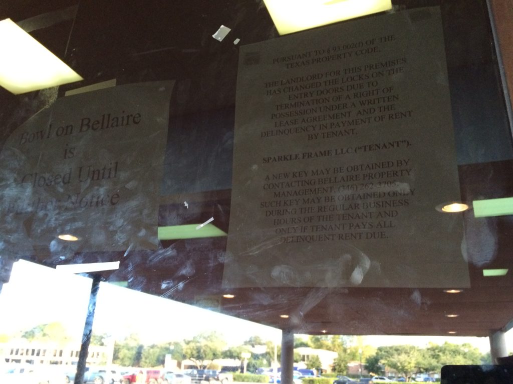 A new key can be obtained by the tenant only if all of the delinquent rent is paid, reads the notice on the door of the shuttered Palace Lanes. 