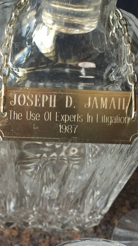 Decanter from Joe Jamail's office displays a touch of humor. 