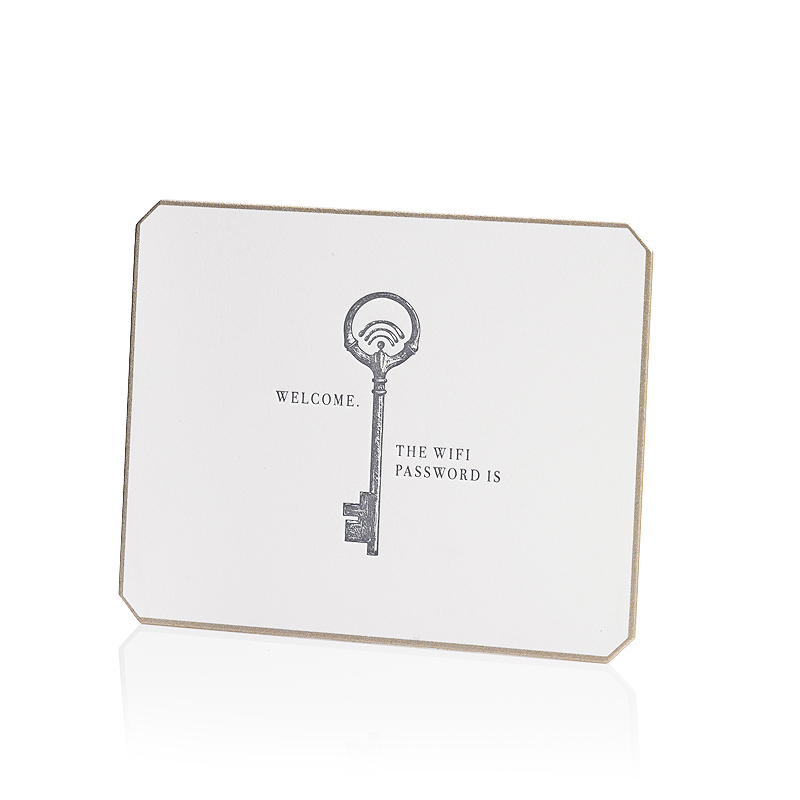 It's probably the most tedious question for a host: "What's the wifi password?" No more shuffling through cabinets for that piece of paper from the internet provider. One of these clever cards by Dallas-based Bell'Invito placed in a guest room will solve the problem. $8, bellinvito.com