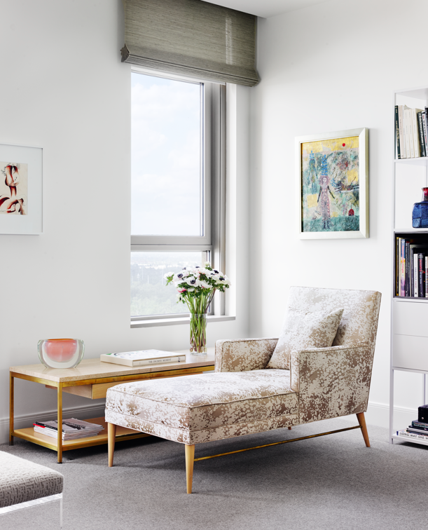 In the master-bedroom sitting area, vintage Paul McCobb table, and chaise in Romo fabric from Culp Associates. Artwork over chaise by Losi Cinello, circa 1970.