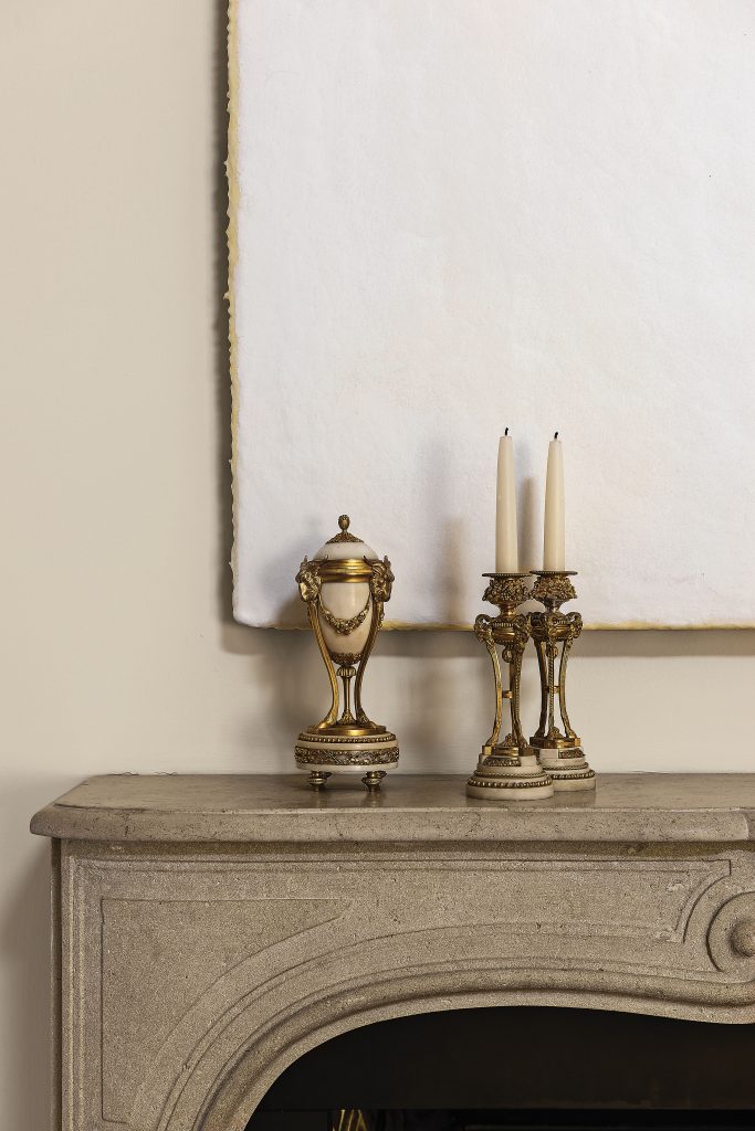 Antique marble and bronze doré decorative objects and candlesticks purchased at auction in Paris. Detail of Joseph Cohen’s Proposition 6, undated, De Buck Gallery, NY.