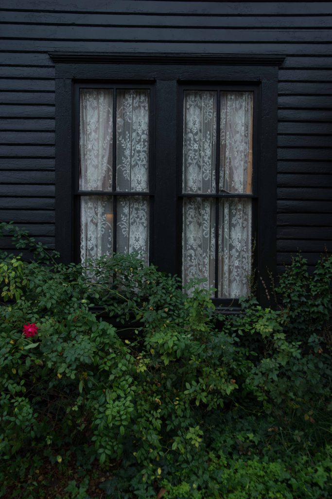 Dark-as-pitch exterior paint is Behr Limousine Leather.