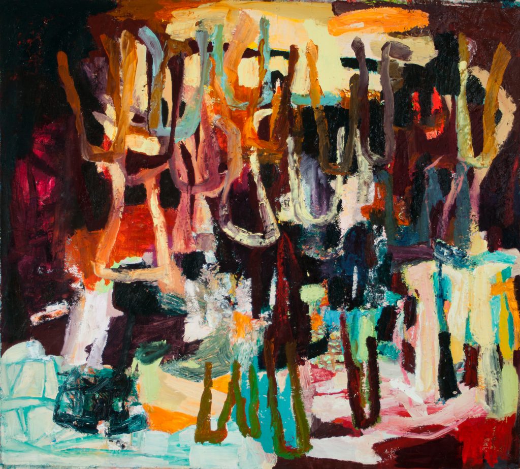 Galen Cheney's "The Night They Dipped Their Toes In," an oil on canvas from 2014. The fiery abstractions of this mid-career Vermont painter have caught the art adviser's attention and are among her stable. 