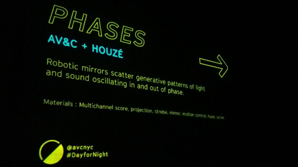 A wall label for one of the world-class light + sound installations: AV&C + Houze's "Phases." 