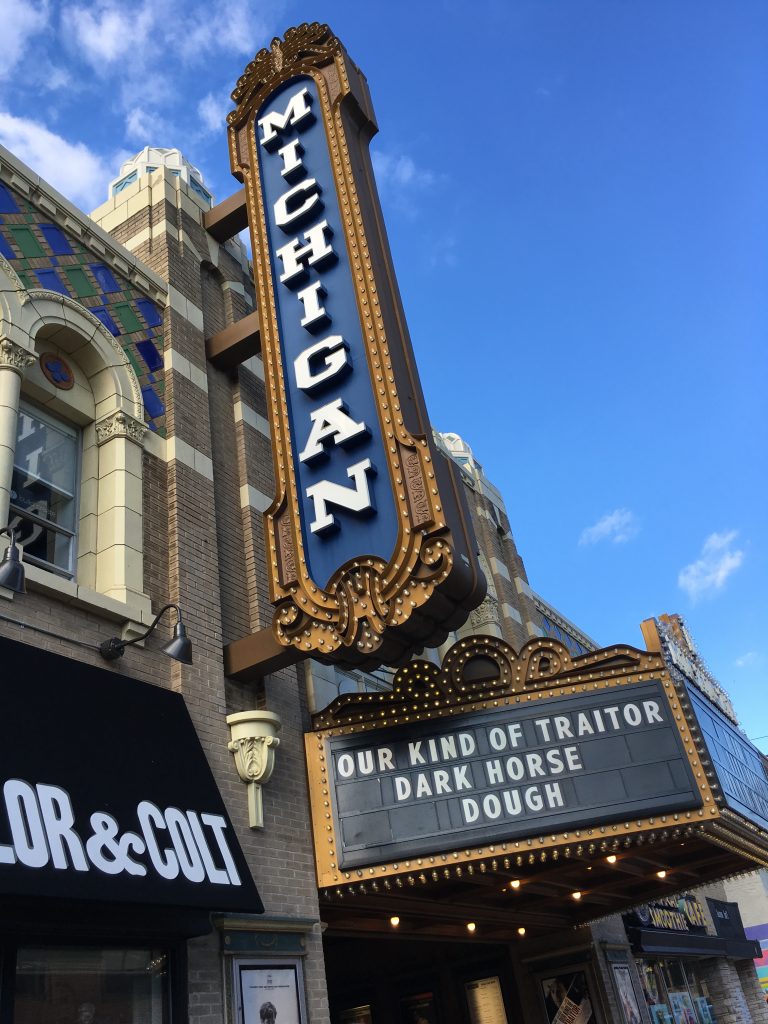 The National Register-landmark Michigan Theater, a grand American movie palace from 1927, was saved in the 1980s and became a nonprofit; it screens features to a new generation in downtown Ann Arbor. 