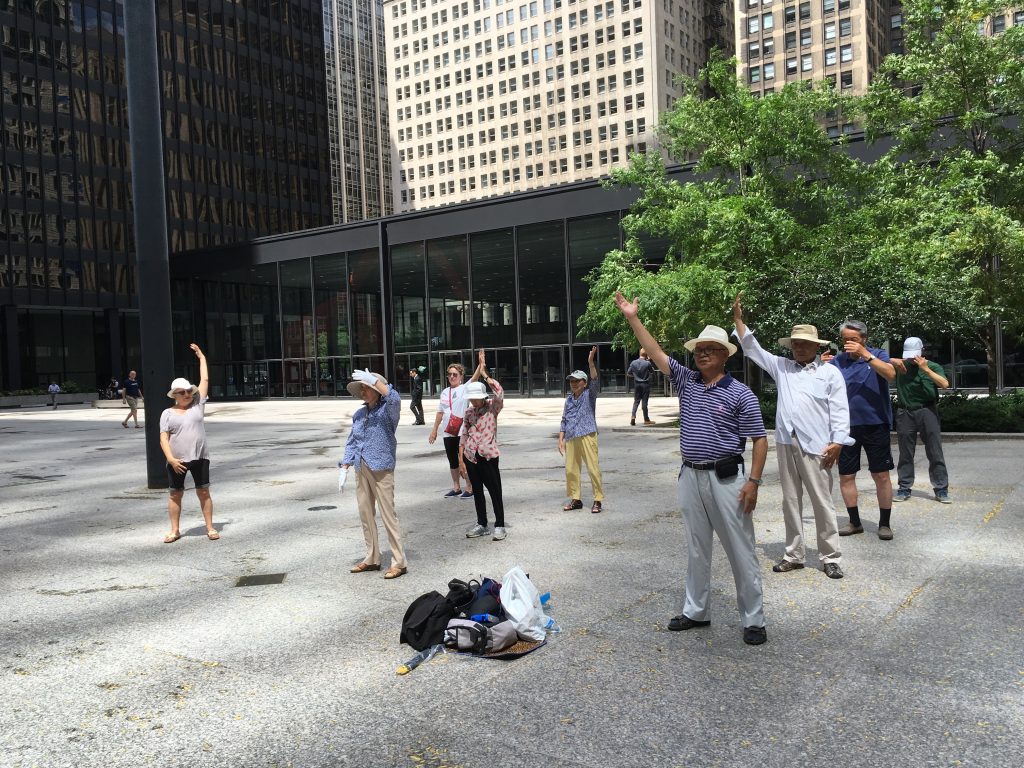 Tai chi class in downtown Chicago evidences the metropolis' diverse street life. 