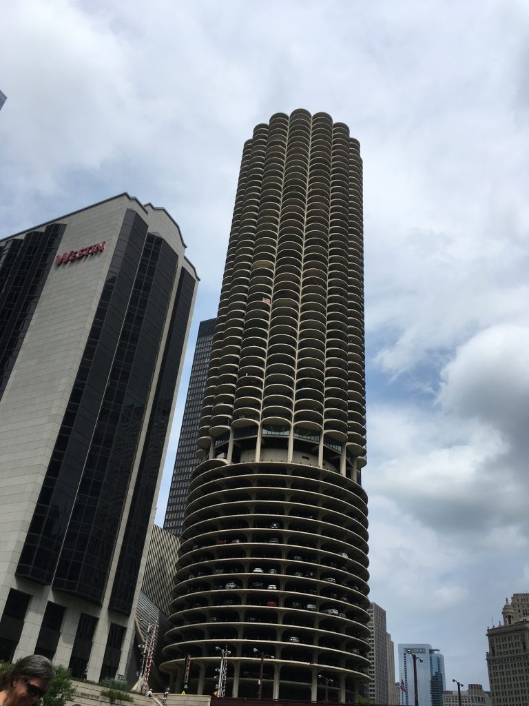 Marina City in Chicago, completed 1962, highlights the utopian vision of architect Bertrand Goldberg; at one time it was both the tallest cast concrete building and the tallest residential building in the world. 
