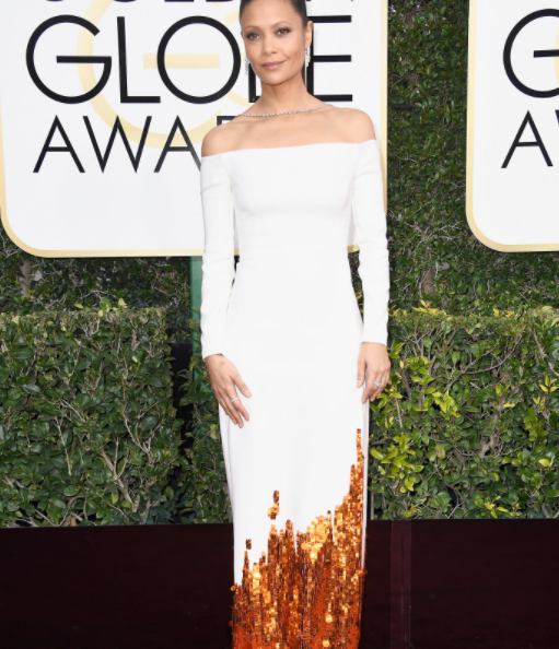 Actress Thandie Newton mixes white and fire in this spectacular Monse piece. We can think of a million places to show this off.