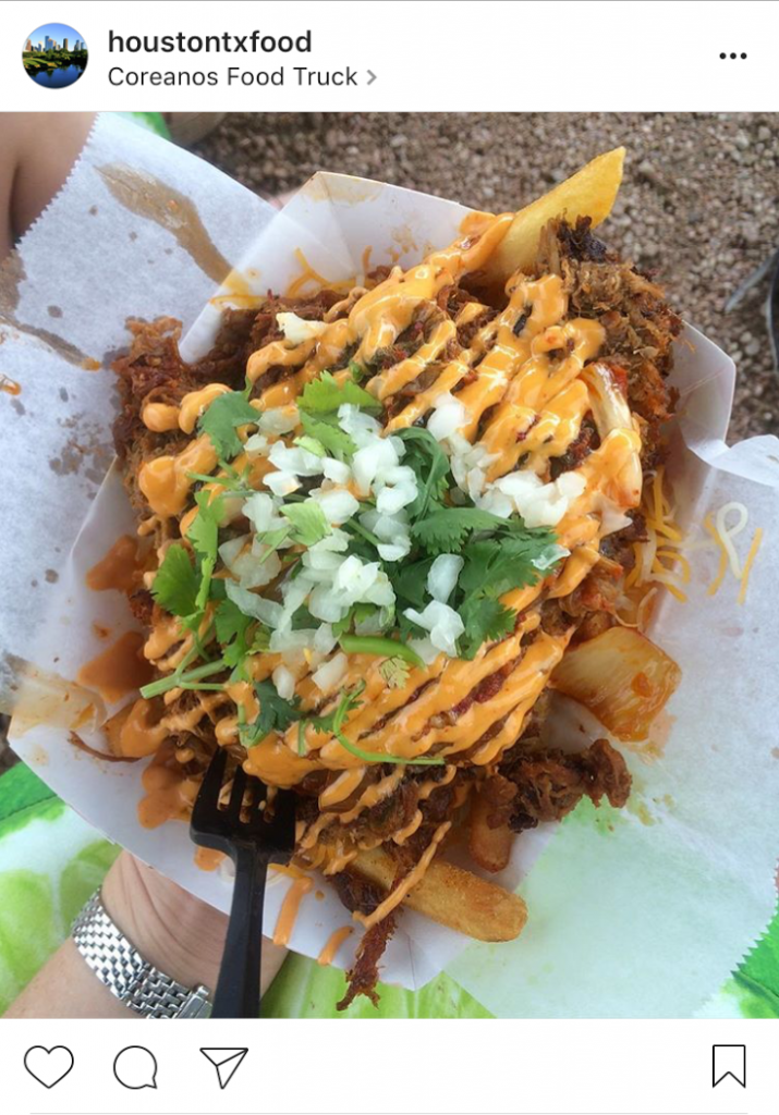 French fries decked out with spicy pork, caramelized kimchi, cheese, and sauces from Coreanos Food Truck