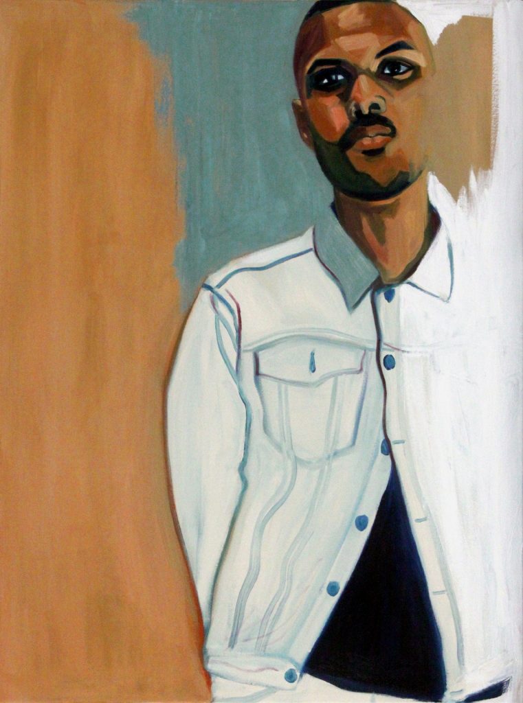 The subject of "Serious," 2016, gazes thoughtfully from the canvas. 