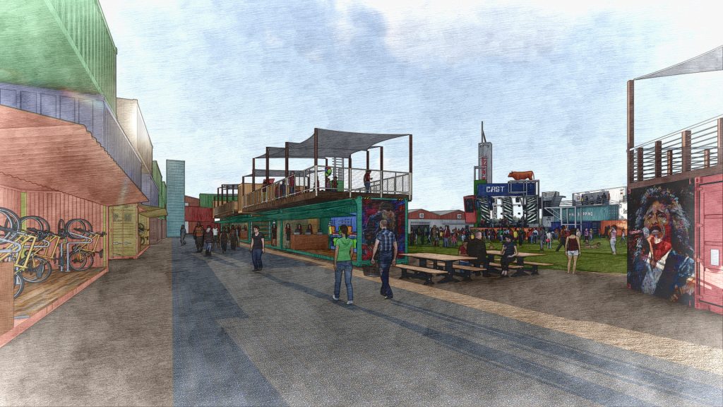 In lieu of another apartment complex, Dallas will see the restoration of a historical music venue, and a new concept — a container park for retail, restaurant, and artist studios. Eta summer 2017 for initial move-ins. 