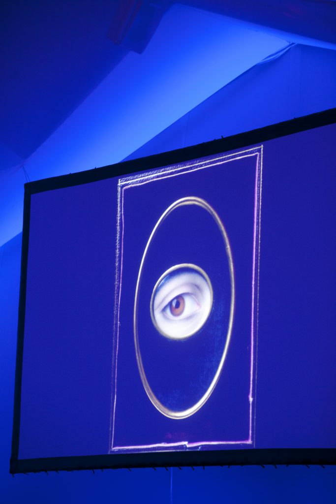 A blow up of another mysterious artwork, Joseph Sacco's "Eye of a Young Woman (Oeil de jeune femme)," 1844, was used to nice effect at the Menil 25th Anniversary Ball. (Photo Jenny Antill Clifton) 