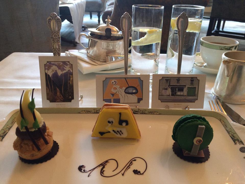 Desserts at The Merrion Hotel which were inspired by the paintings on display in the drawing room and featured on the cards placed behind them.