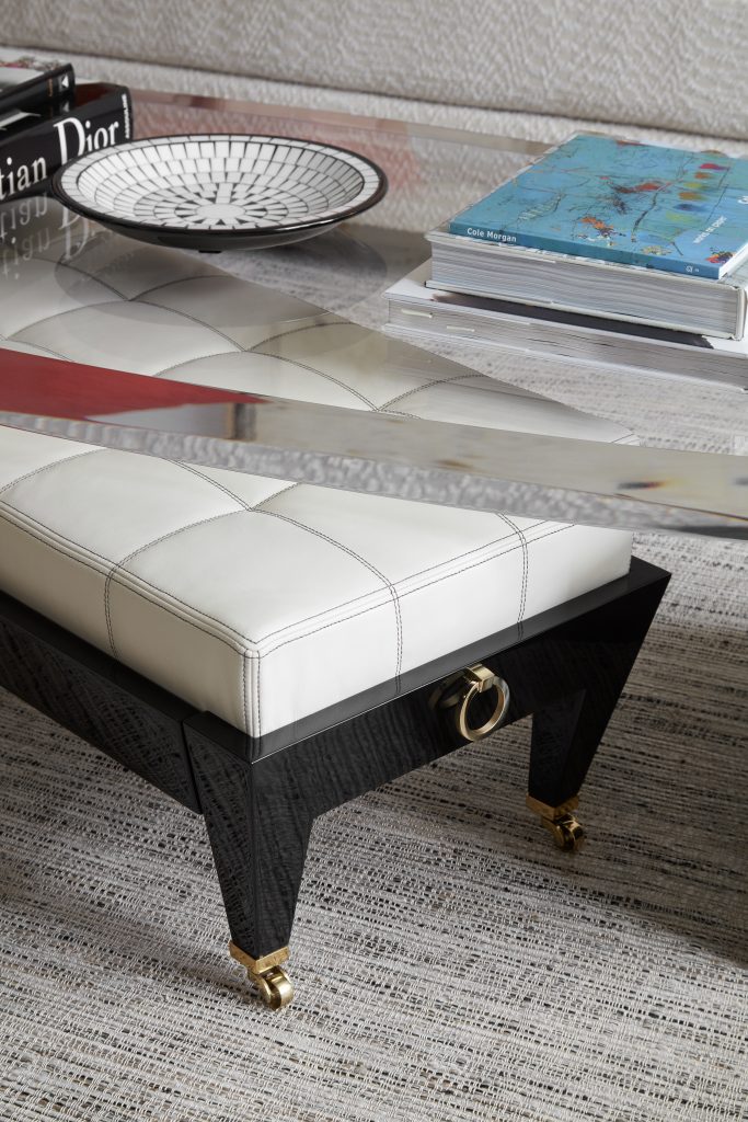 Cameron Lucite table from George Cameron Nash. Cameron bench from George Cameron Nash, covered in Rogers & Goffigon leather.